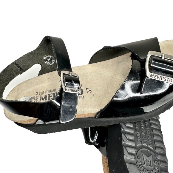 Mephisto Wedge Sandals Black Patent Leather Buckle Straps SZ 37 - Picture 8 of 11